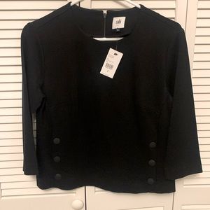 CAbi Black Utility Top, size small with 3/4 sleeves and button detail at waist